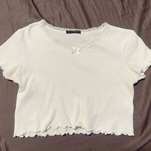 Brandy Melville Cream Lace-Trim Ribbed Cropped Tee